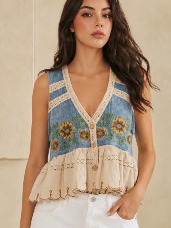 Oli & Hali Tops - Oli & Hali Embroidered Sunflower Crochet-Trim Sleeveless Top - Blue and Cream